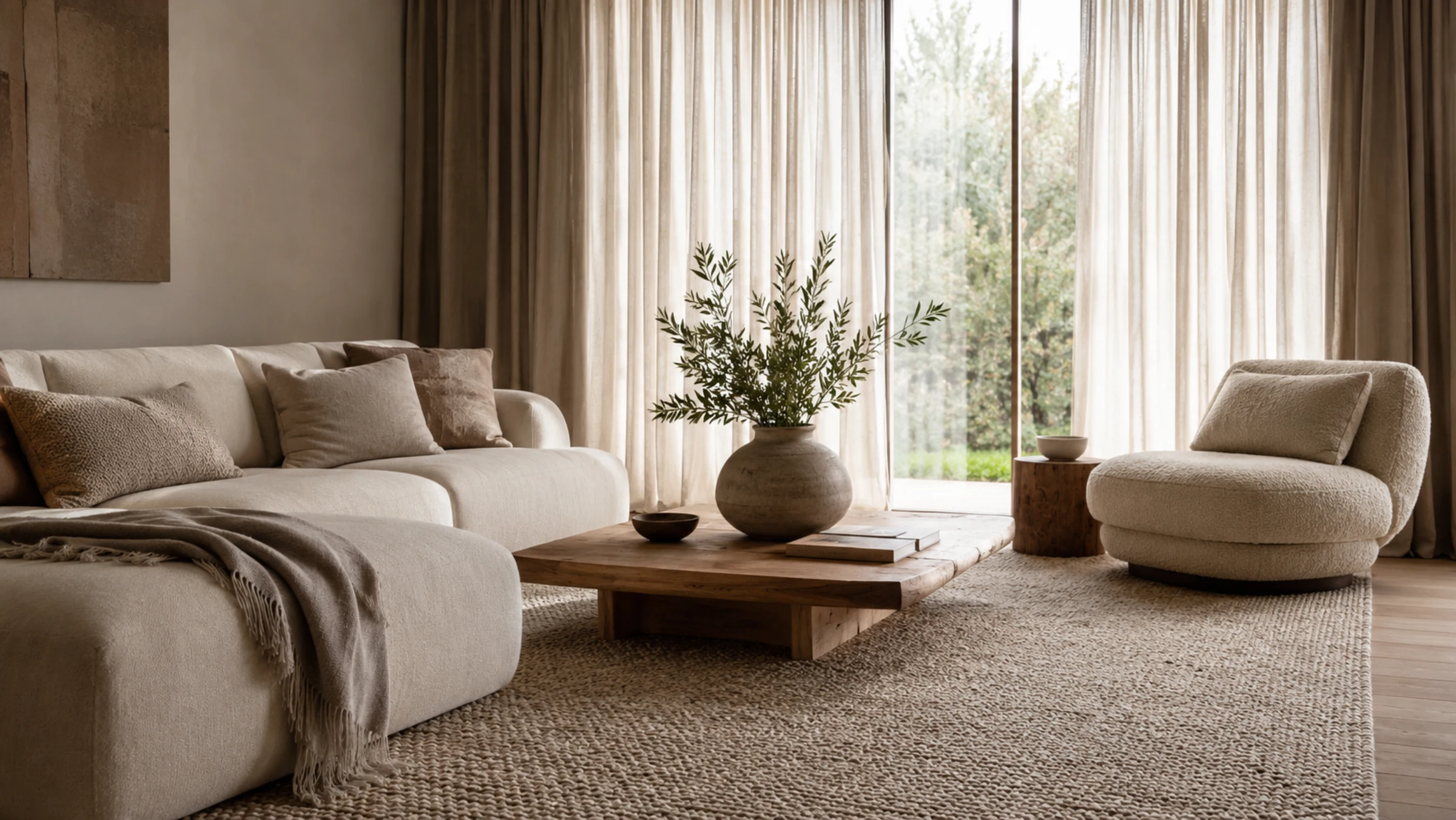 Quiet living room with sheer curtains, wool rug, soft seating