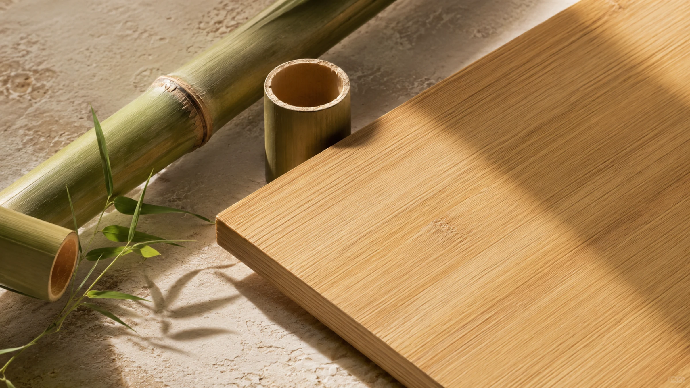 Bamboo stalks and finished bamboo board