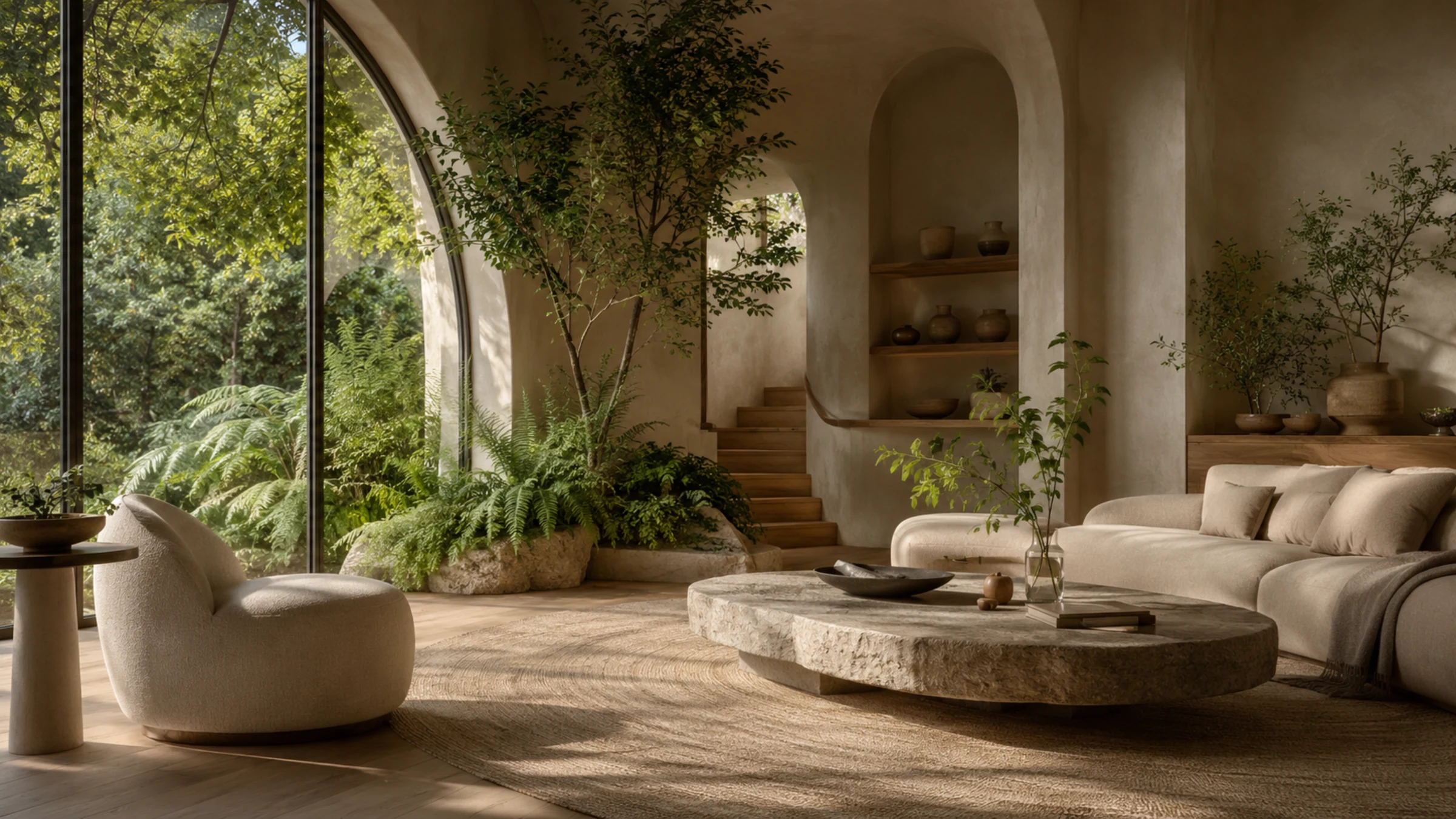 Interior with plants, daylight, and natural materials