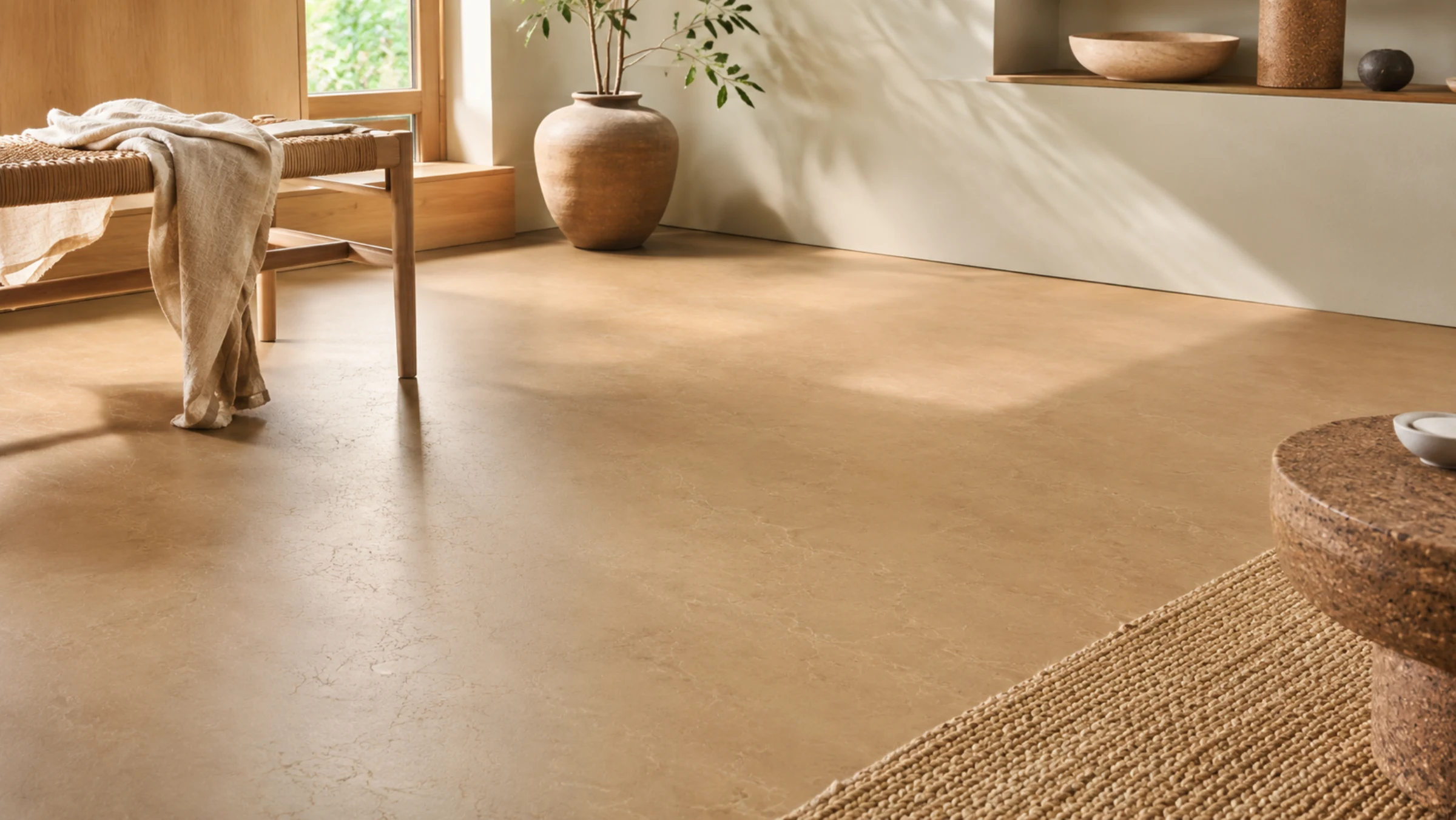 Warm Marmoleum floor in a quiet sun-lit interior