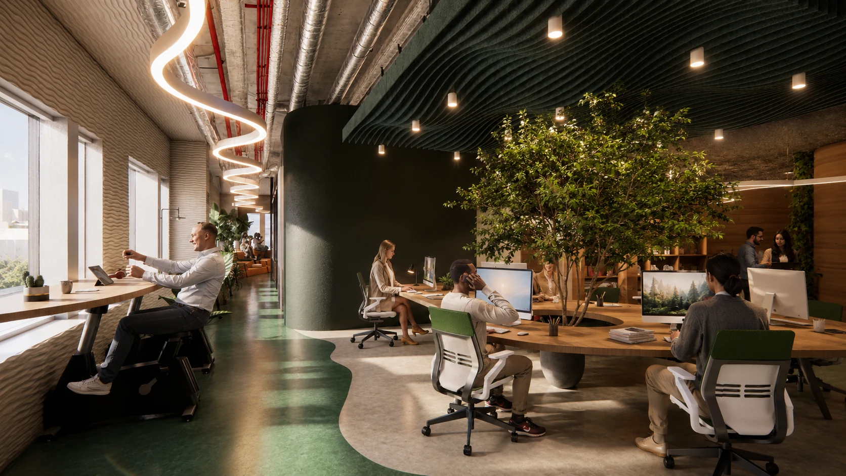 Open-plan workstations along the perimeter