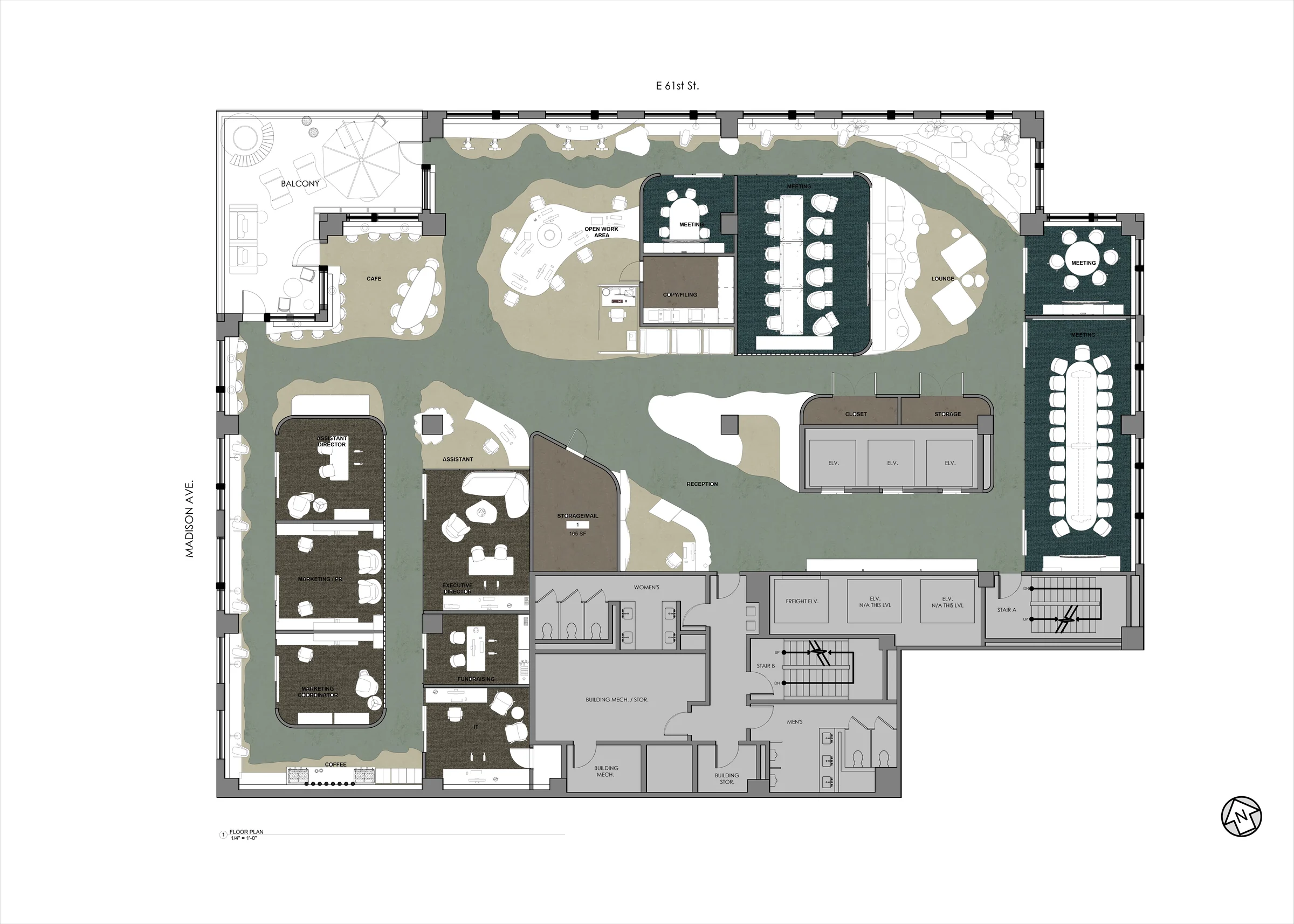 Biophilic office floor plan, rendered