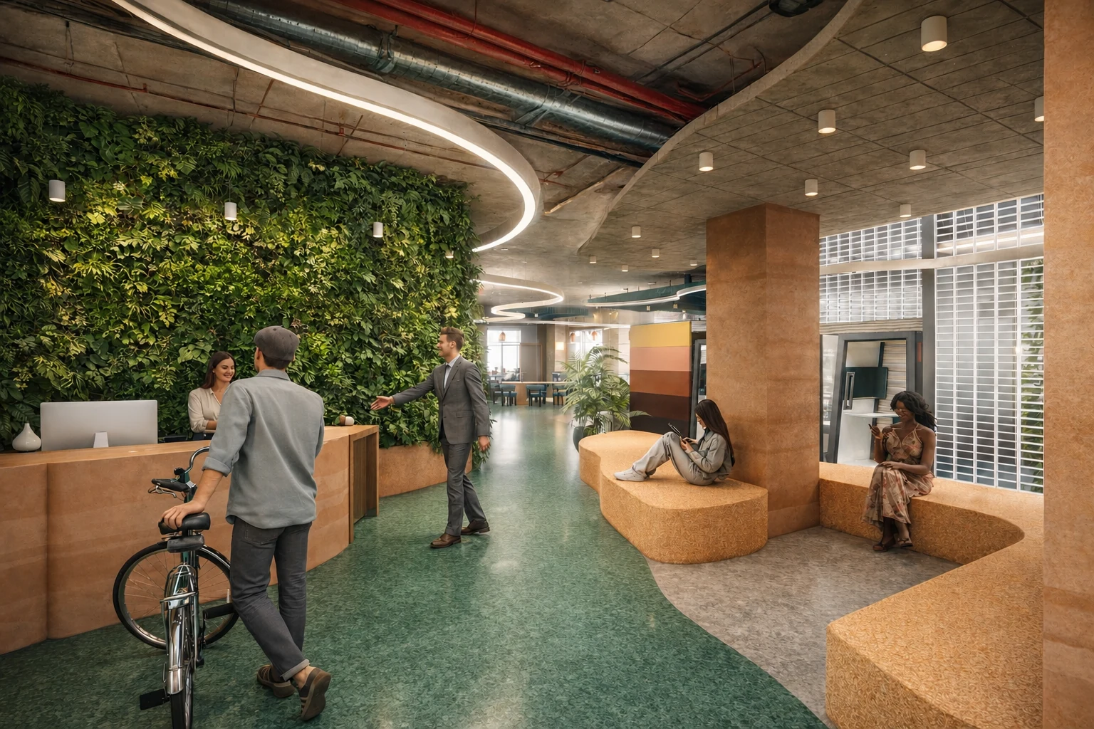Reception with rammed earth bench, living wall, and cork seating