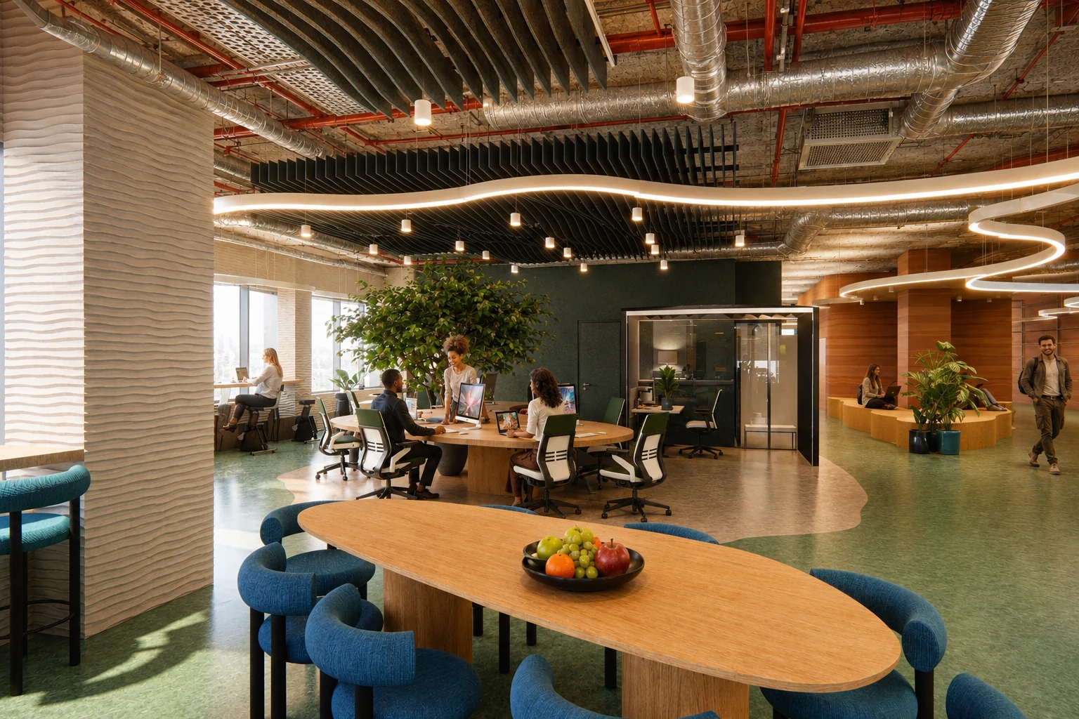 Open work area with green organic ceiling and exposed services overhead