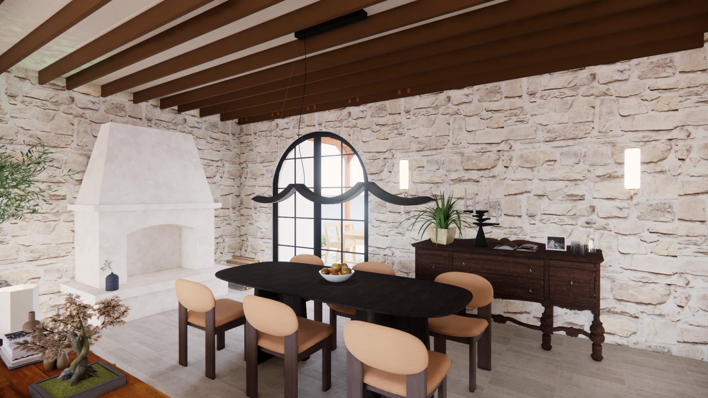 Dining room with white stone walls, dark wood beams, a curved fireplace, oval black table, and arched window