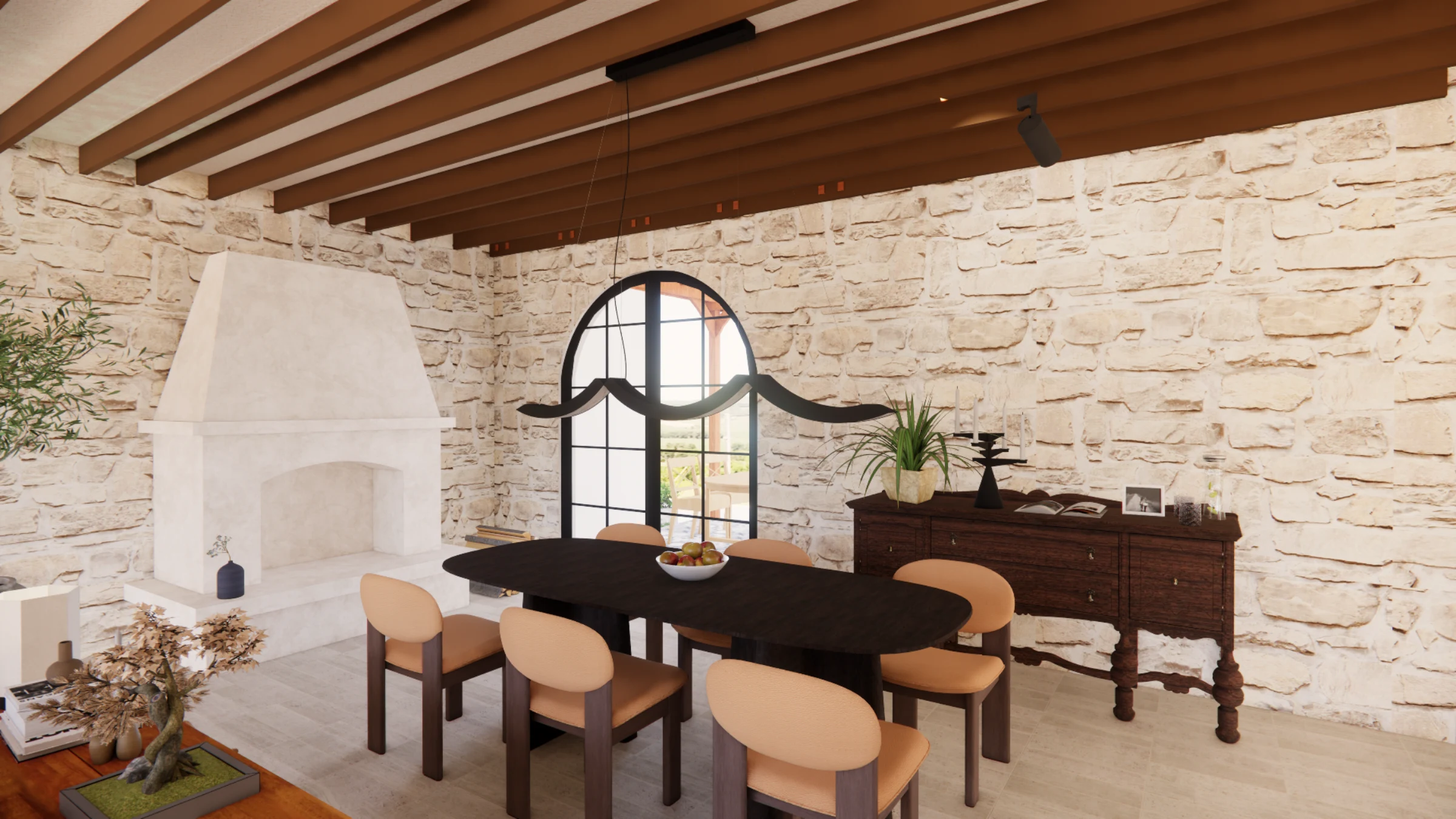 Dining room at night, lit by beam-mounted spots and an accent on the fireplace surround
