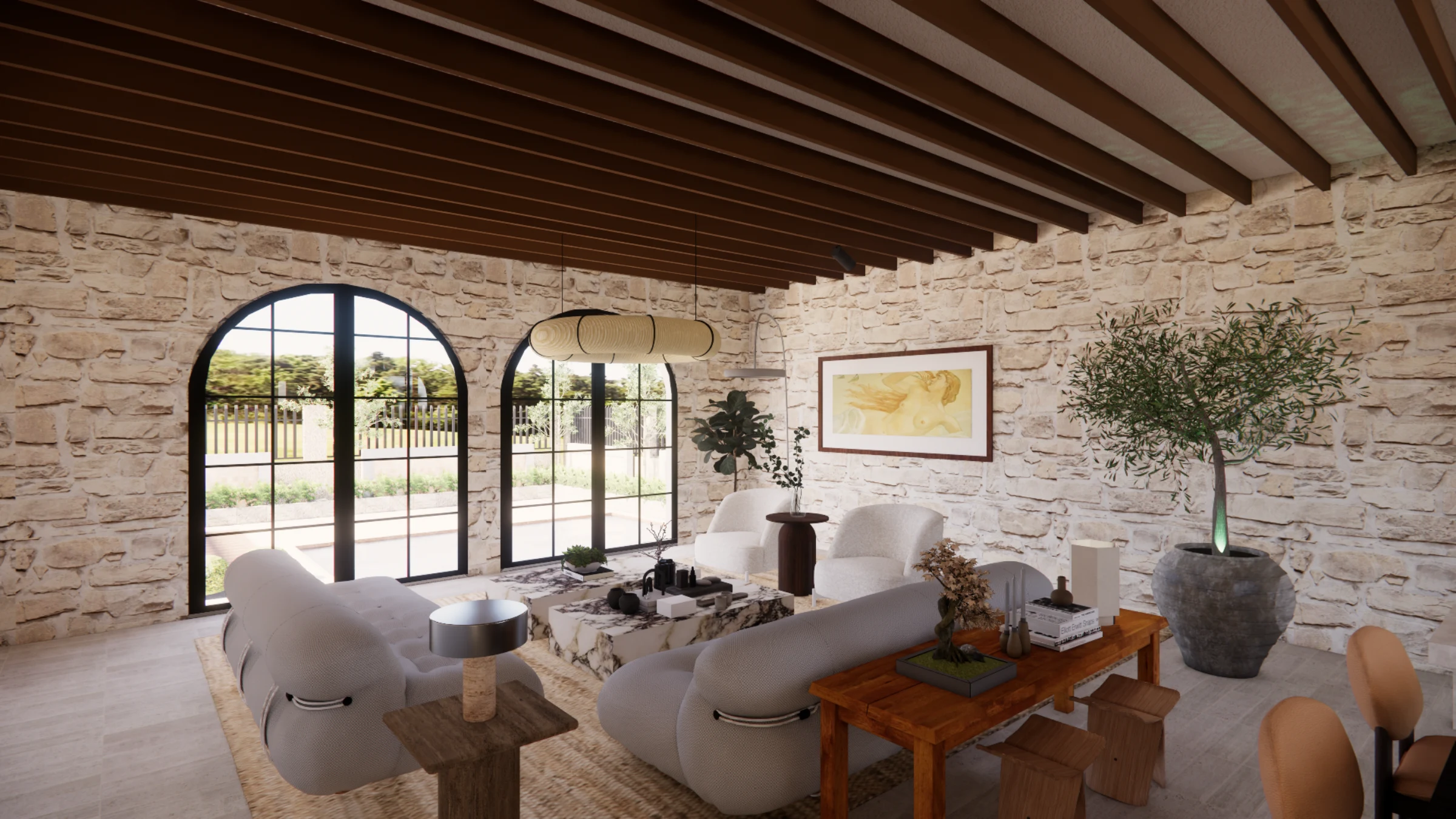 Restored Spanish villa living room with white stone walls, dark exposed beams, arched windows and pale bouclé seating