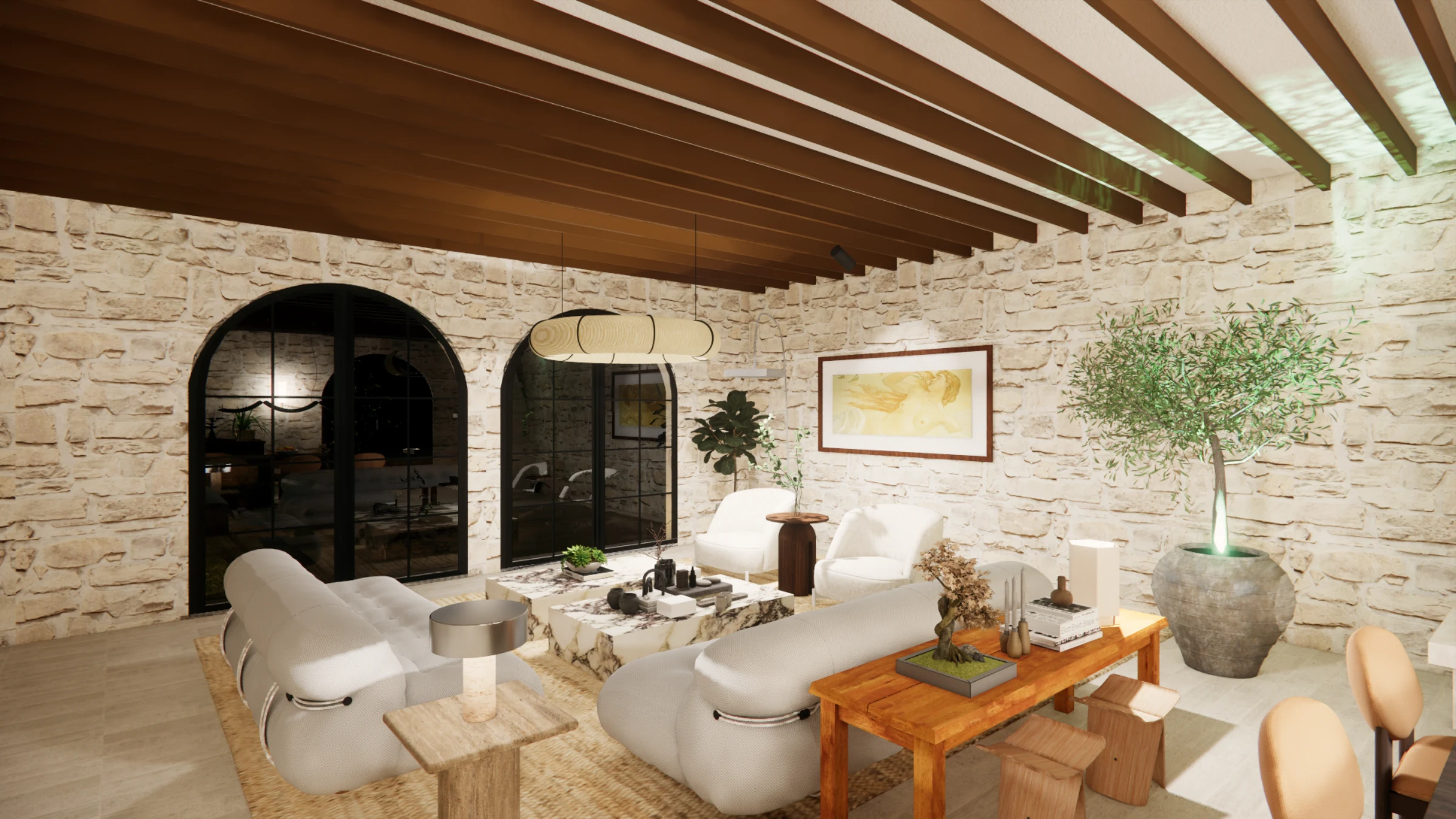 Same living room at night, with concealed beam lighting, a pendant over the seating, and accent lights on art