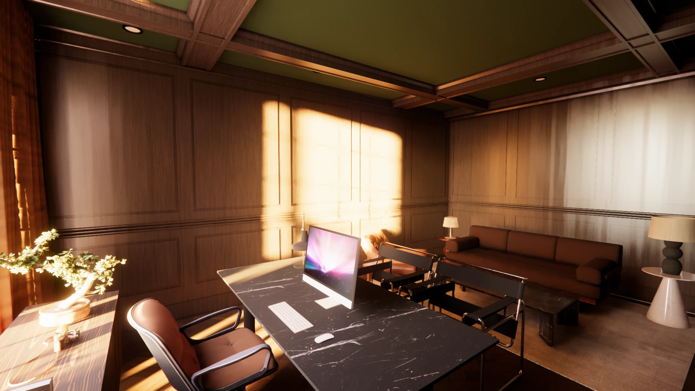 Wood-panelled study filled with late-afternoon sun across a black stone desk and worn leather chair