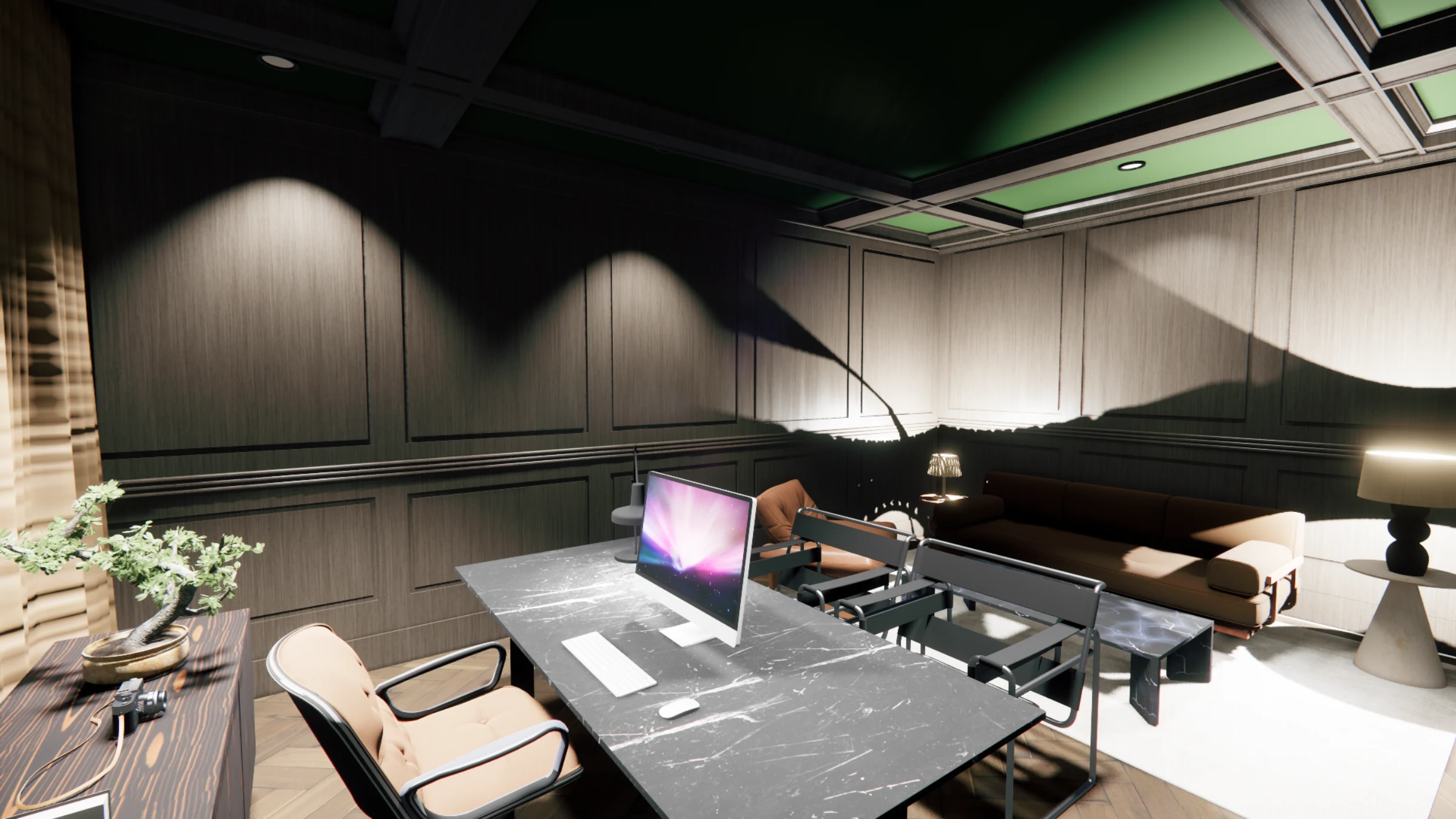 Same study at night, with a directional task lamp, table lamps, and accent spots on the panelling