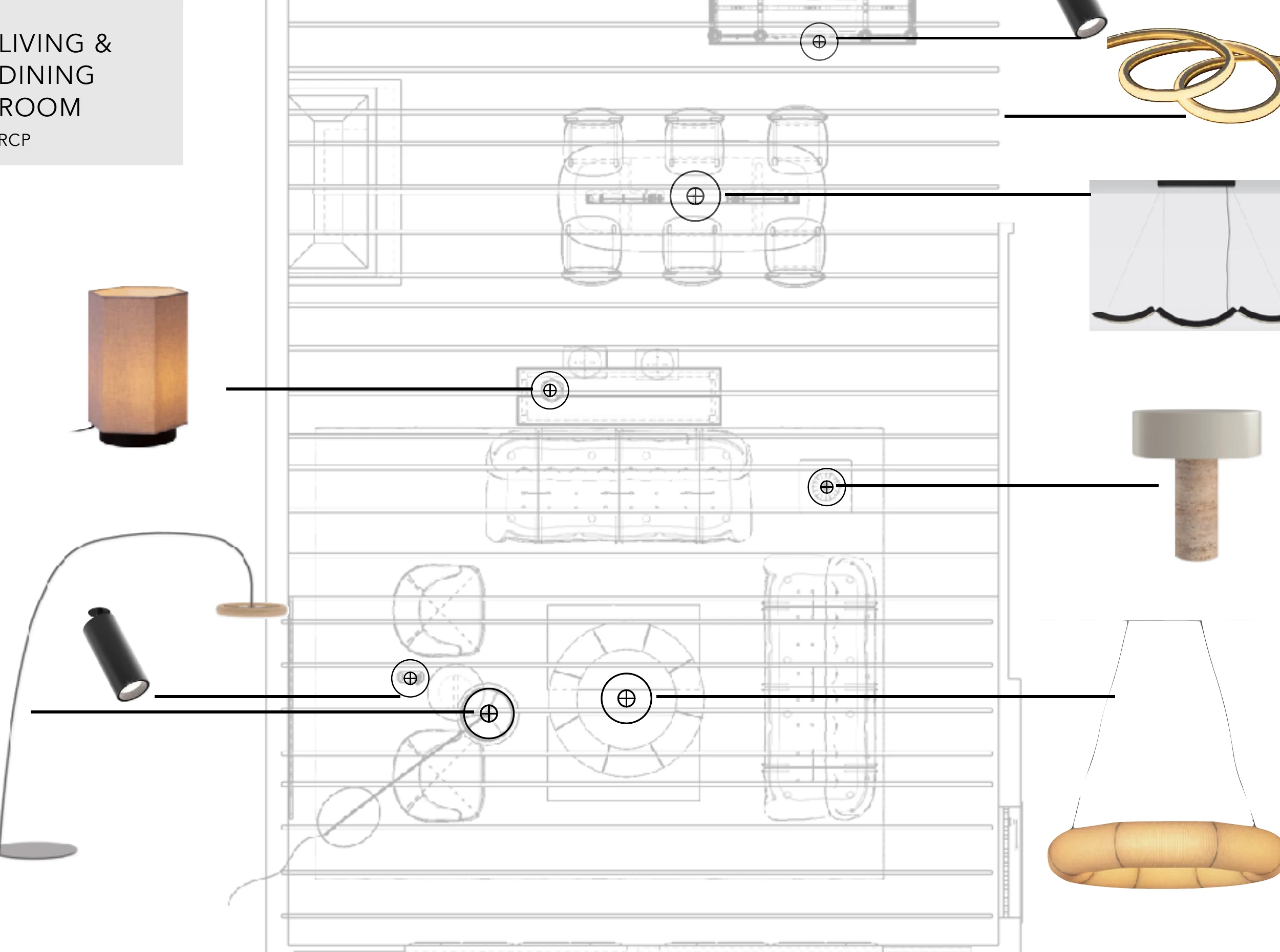 Reflected ceiling plan for the living and dining rooms, marked with fixture types and locations