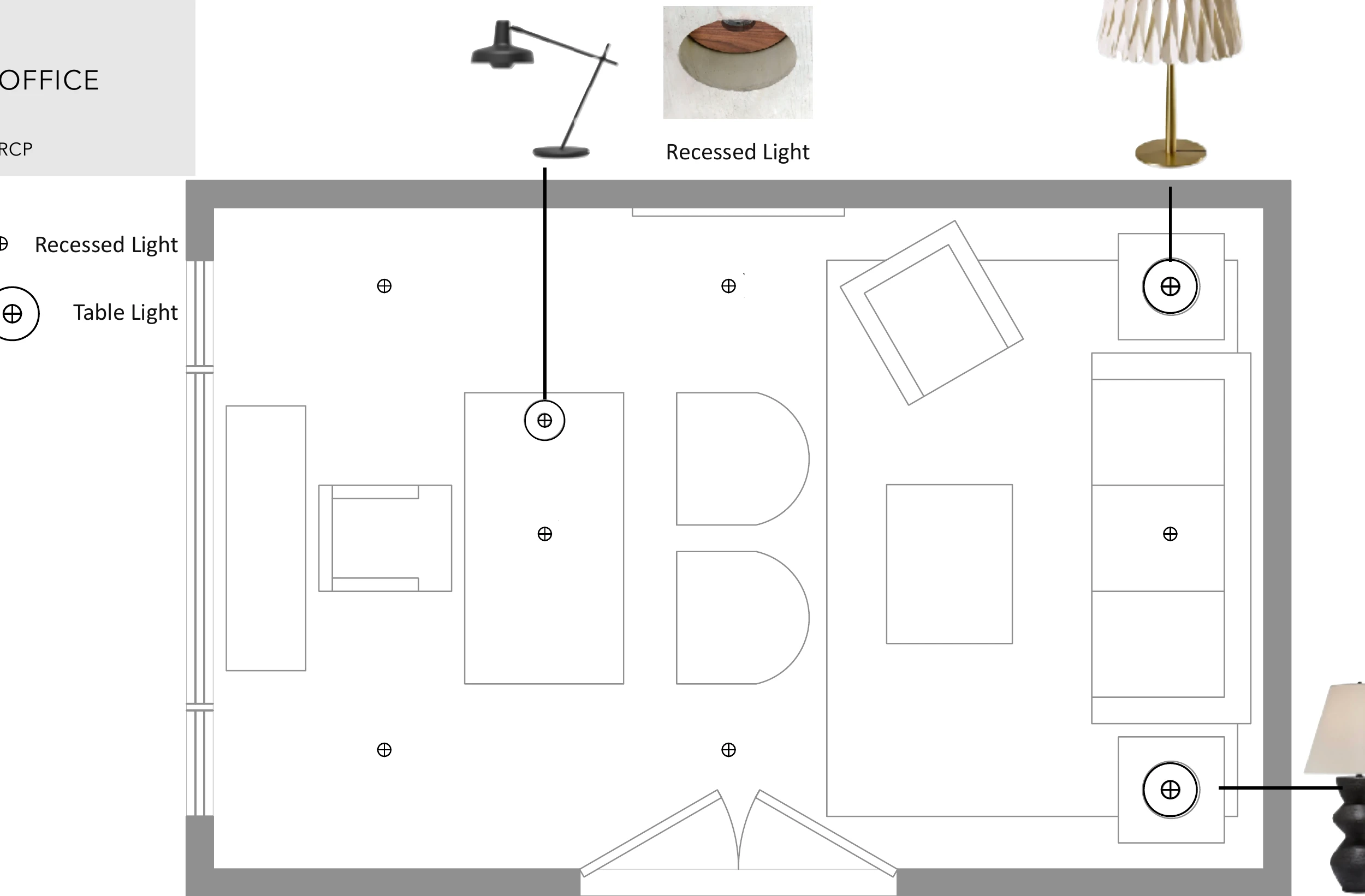 Reflected ceiling plan for the study, showing recessed downlights, table lamps, and task lighting positions