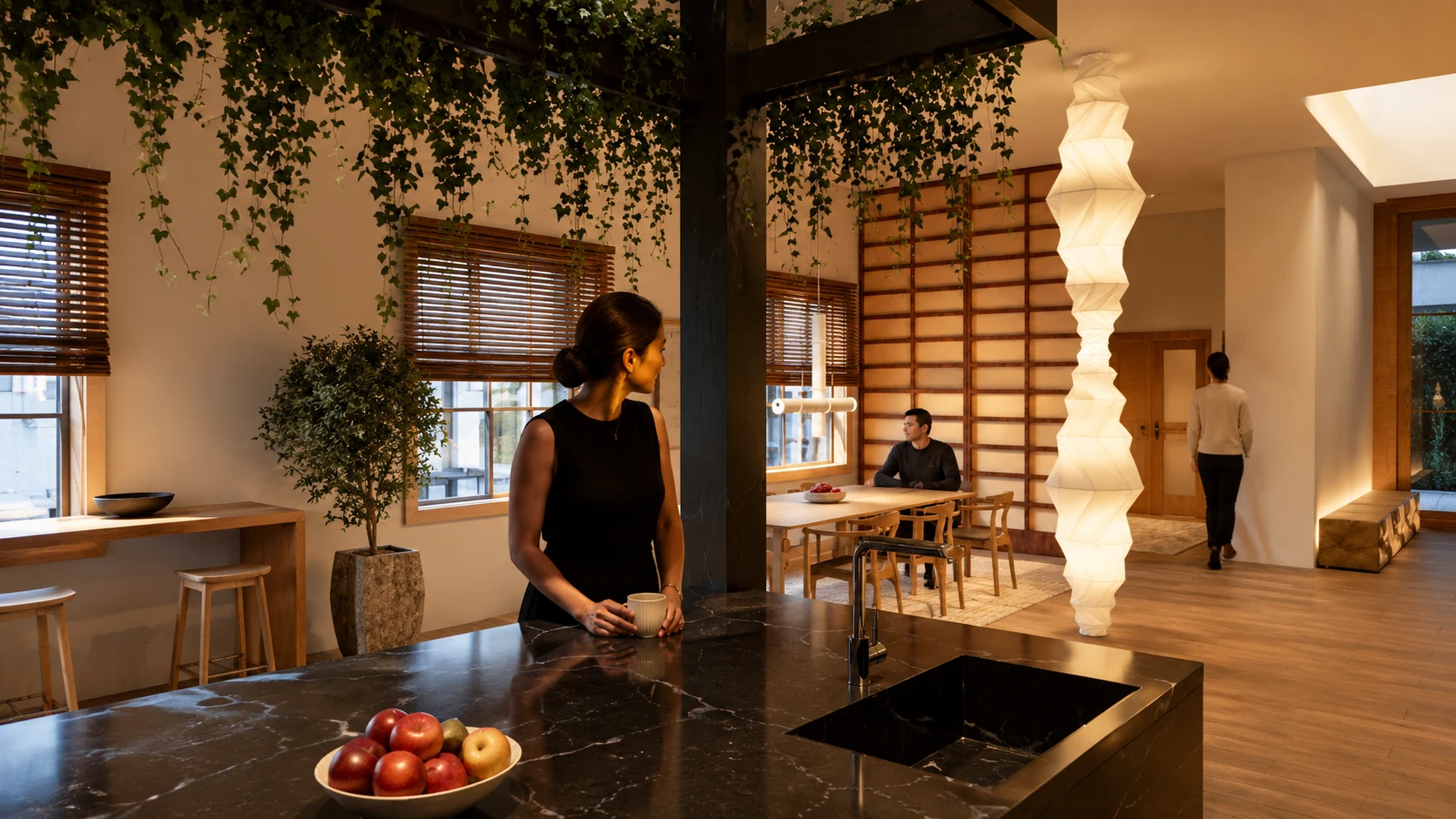 Dining and breakfast area with marble kitchen island and hanging ivy