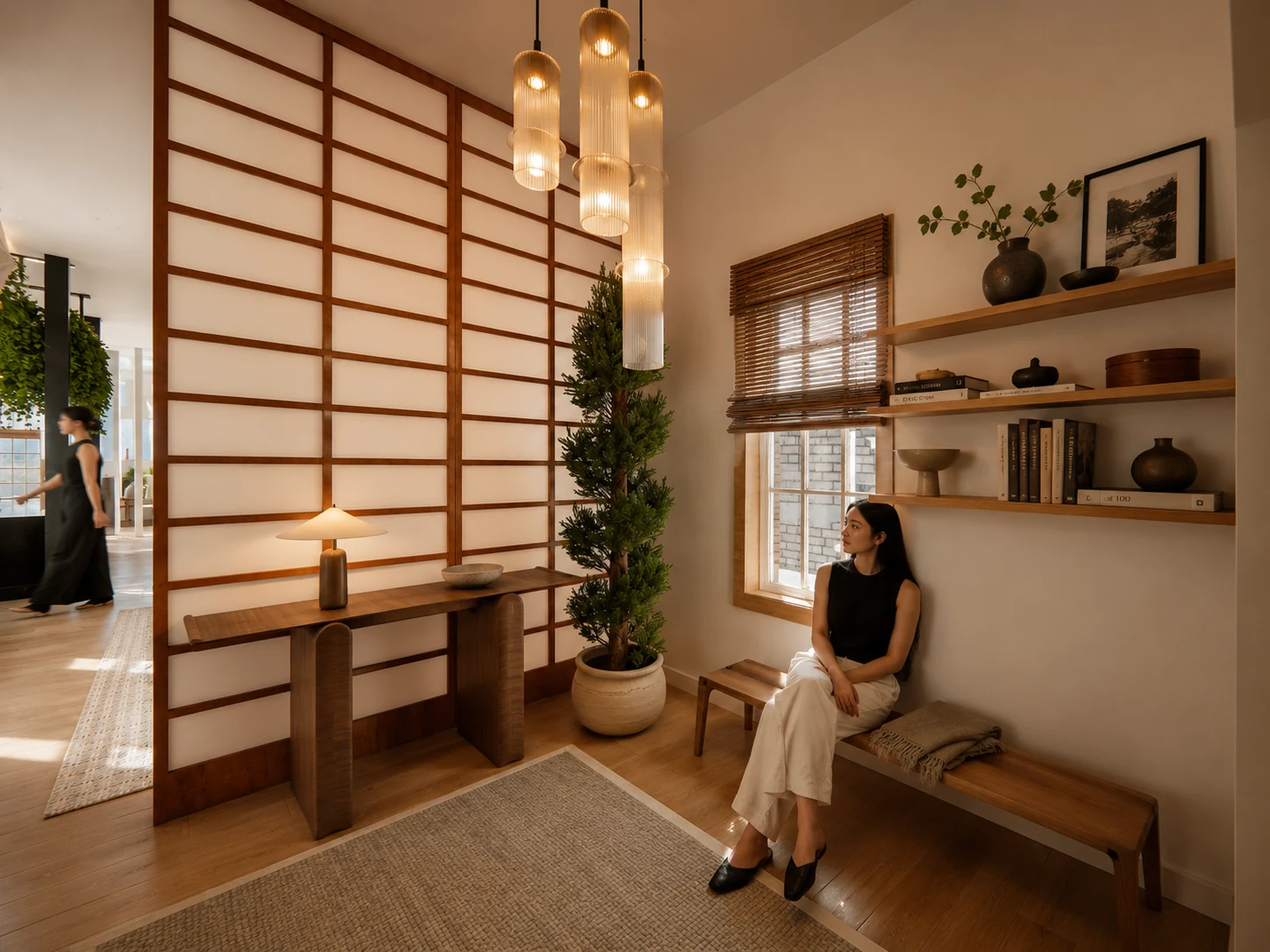 Main entry foyer with shoji-screen wall, oak console, and bench