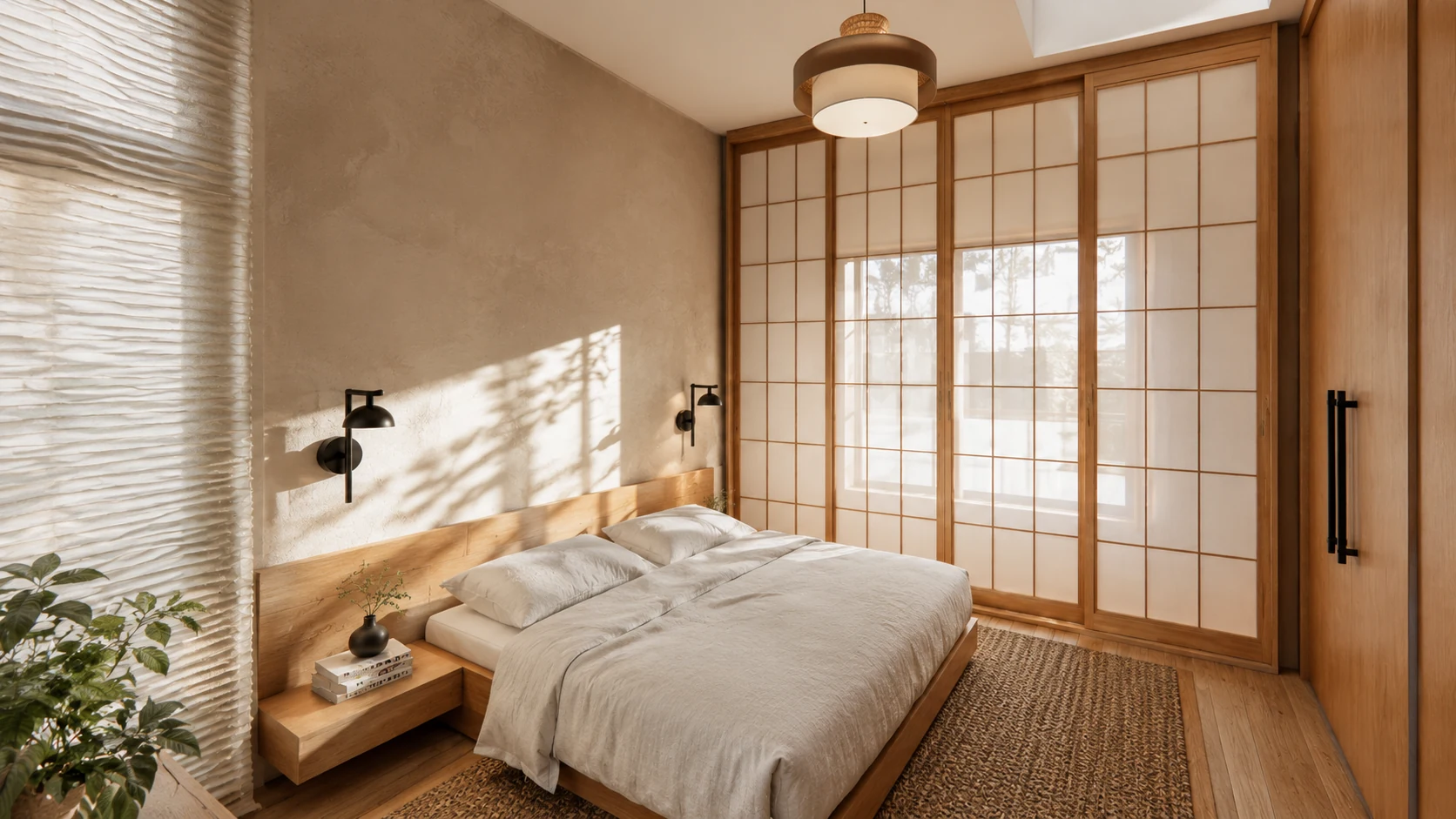 Master bedroom with shoji screens, sage linen, and oak platform bed