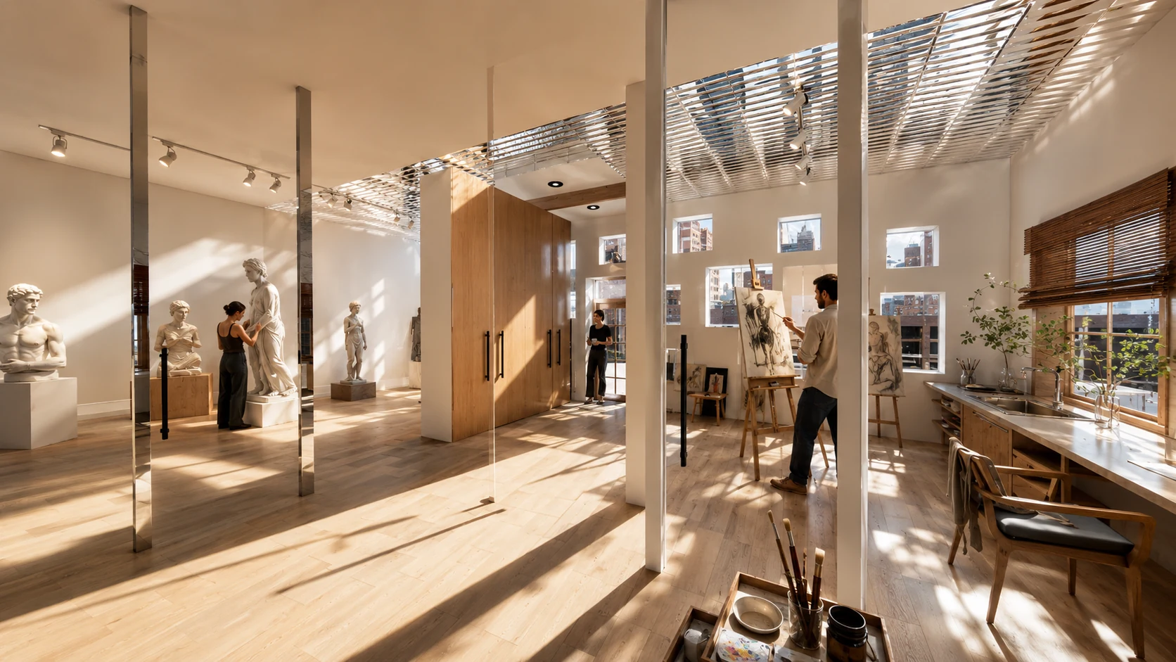 Ground-floor studio with sculptures and natural daylight