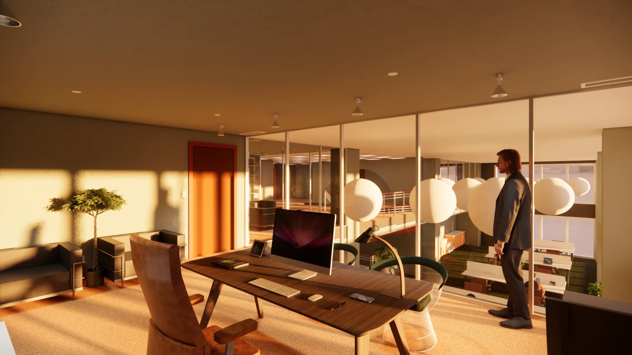 CEO office at golden hour with floor-to-ceiling glass partitions, a wood desk facing the window, and the library visible beyond