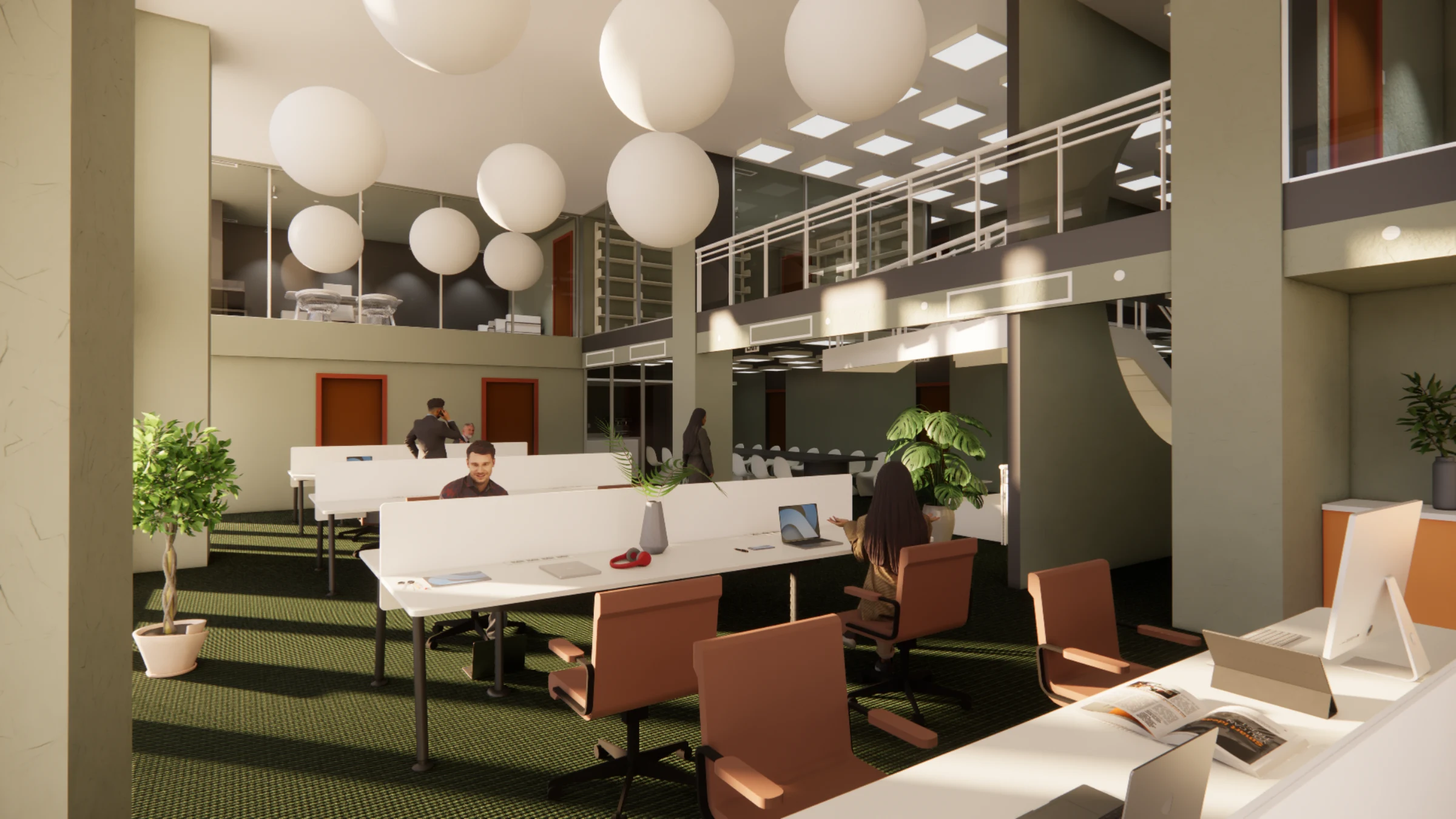 Open work area at 4 Ideal Design Headquarters, with workstations under a grid of globe pendants and a mezzanine above