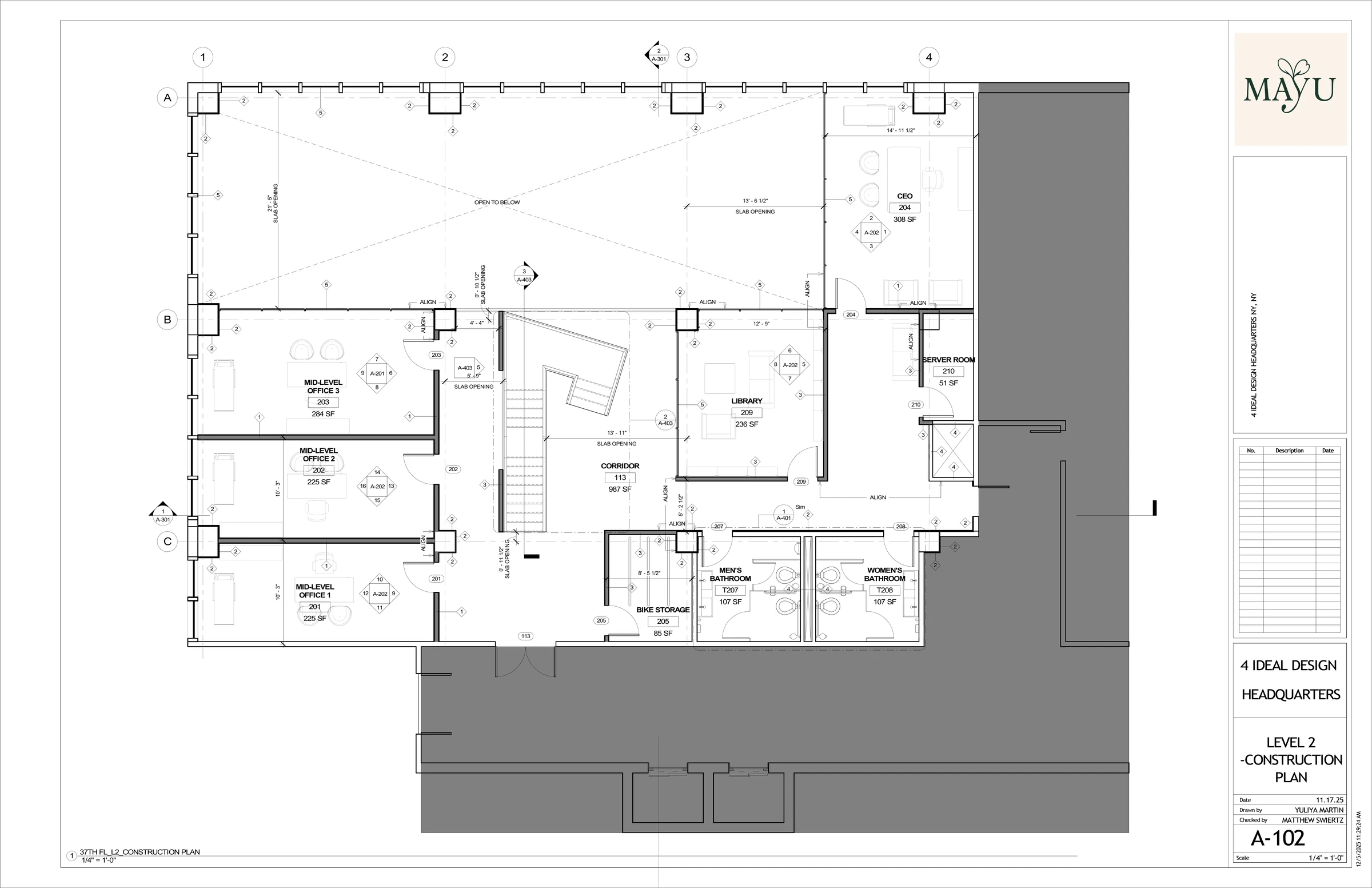 Level 2 construction plan: library at centre, three mid-level offices on the west side, CEO office and server room on the east, washrooms and bike storage to the south