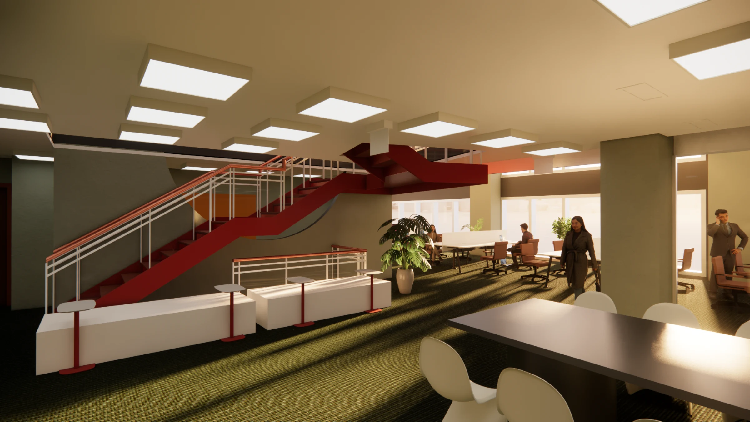 Sculptural oxide-red staircase connecting level 1 to the mezzanine, with skylights above and a break-out lounge visible to the right