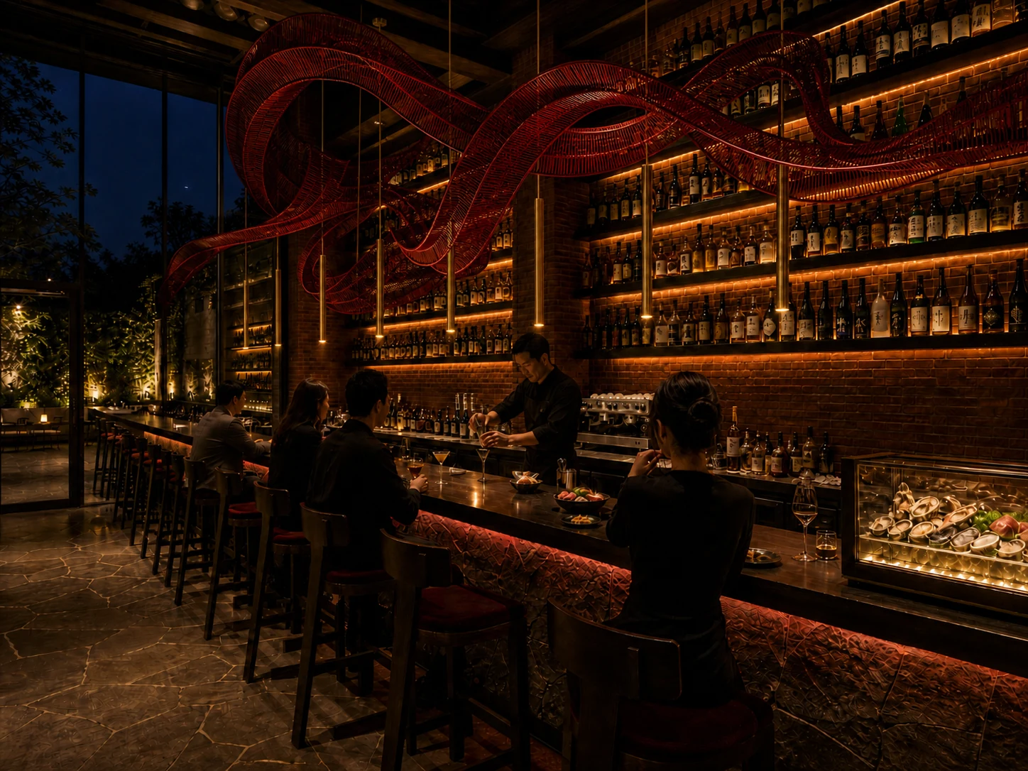 Bar interior with red rattan ceiling