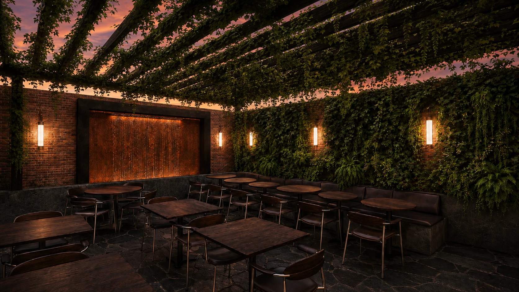 Rear hanok courtyard at dusk with hanging vines and water feature