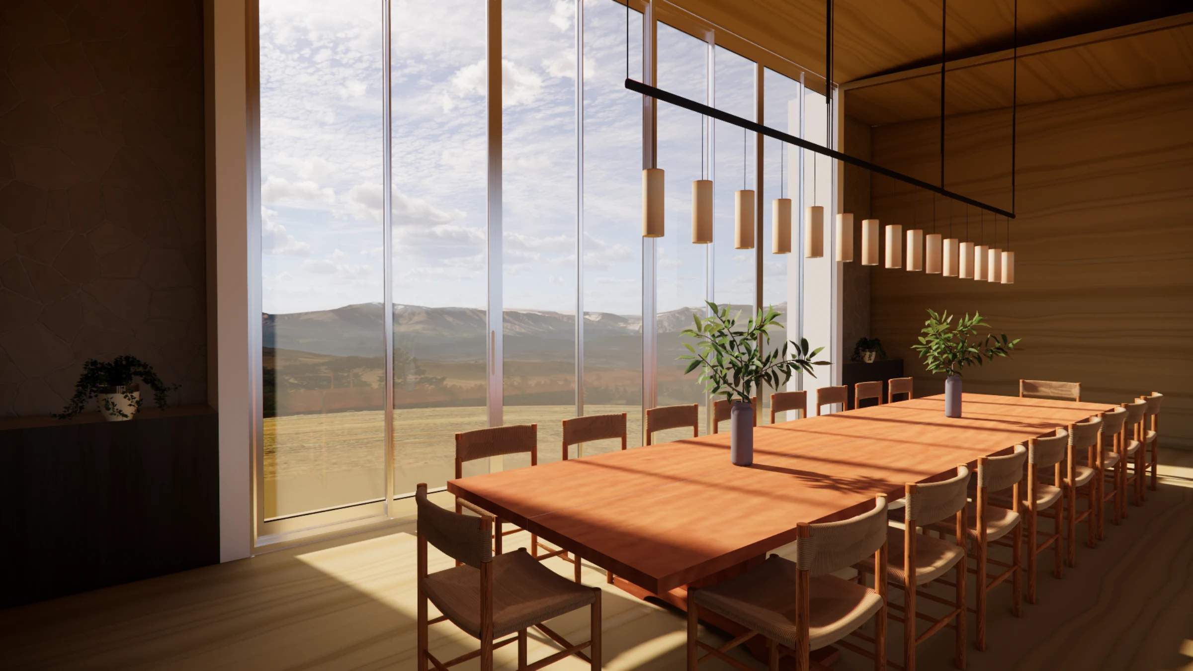 Long communal dining table at Madre Terra cooking school, full glass wall opening to Mediterranean countryside