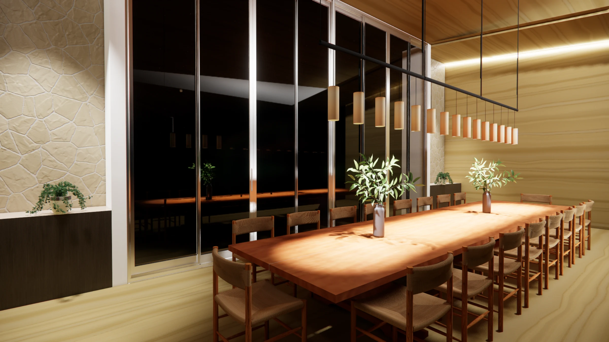 Same dining room at night, lit by dimmable warm pendants over the long table; rammed-earth feature wall glows softly to the left