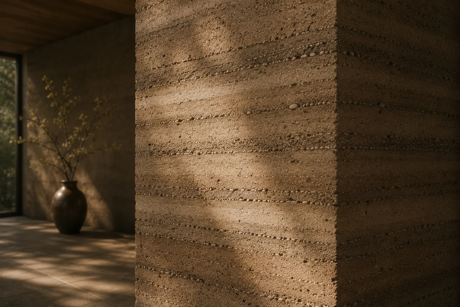Rammed earth wall with afternoon light